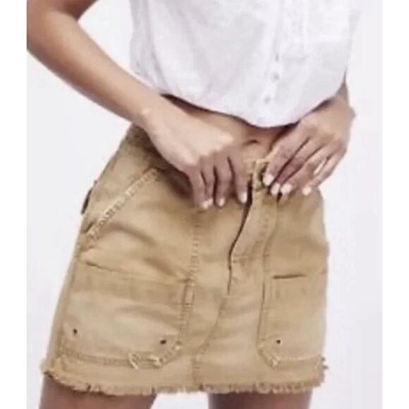 Free People Khaki Tan Cargo Denim Mini Skirt Sz 27 Y2K Grunge Distressed - Picture 2 of 10